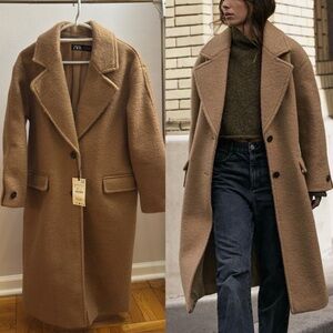 NWT Zara Boucle Coat Caramel with Flat Pockets and Button Closure